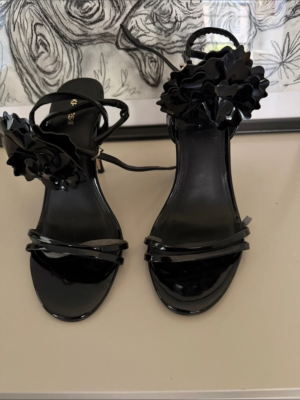 Express Women’s Black Patent Floral Ankle-Strap Sandals
